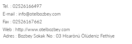 Bozbey Hotel telefon numaralar, faks, e-mail, posta adresi ve iletiim bilgileri